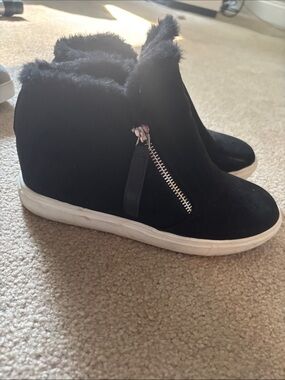 Madden Girl Black Faux-Fur Wedge Sneaker